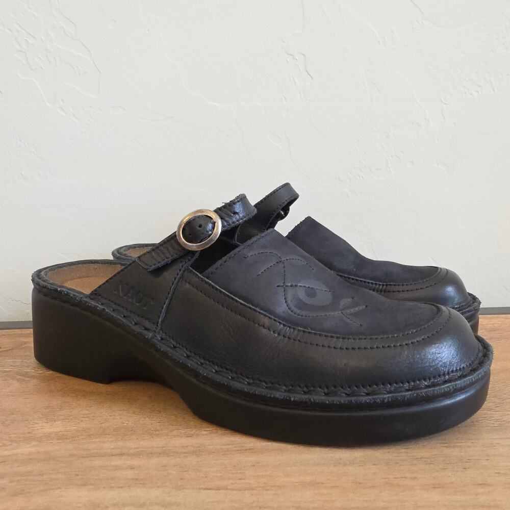 Naot Black Leather Platform Clogs Womens 37 US 6 Adjustable Slingback Comfort